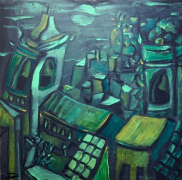 Painting titled "moon over palazzolo" by Simon Taylor, Original Artwork, Acrylic