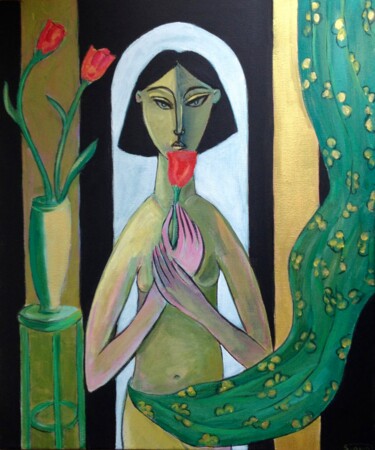 Painting titled "woman & flowers 5" by Simon Taylor, Original Artwork, Acrylic