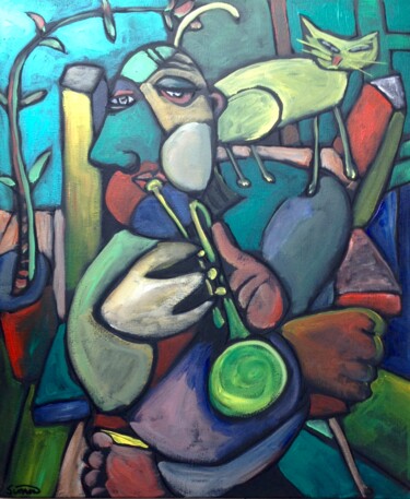 Painting titled "trumpet & cat" by Simon Taylor, Original Artwork, Acrylic