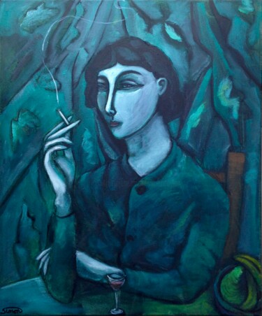 Painting titled "woman smoking" by Simon Taylor, Original Artwork, Acrylic