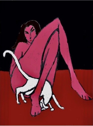 Digitale Kunst mit dem Titel "woman & cat" von Simon Taylor, Original-Kunstwerk, Digitale Malerei