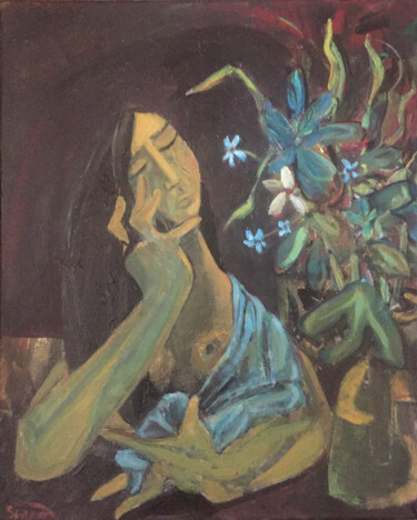 Peinture intitulée "woman & flowers" par Simon Taylor, Œuvre d'art originale, Acrylique