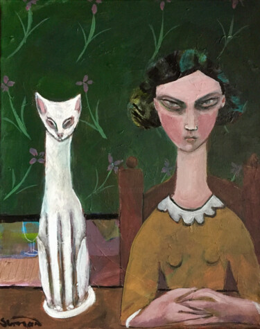 Painting titled "girl and cat" by Simon Taylor, Original Artwork, Acrylic