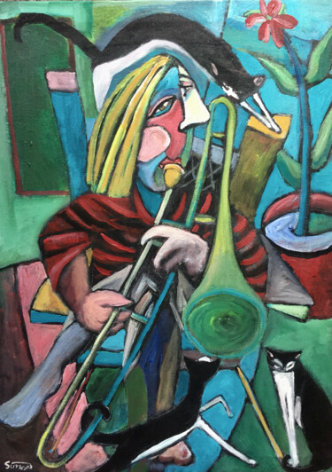 Painting titled "trombone & cats" by Simon Taylor, Original Artwork, Acrylic