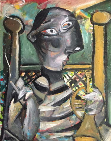 Painting titled "trumpet player smok…" by Simon Taylor, Original Artwork, Acrylic