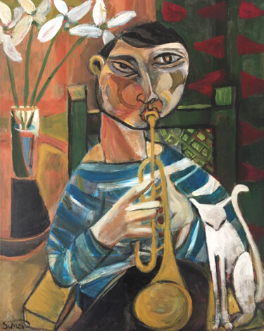 Schilderij getiteld "trumpet player & cat" door Simon Taylor, Origineel Kunstwerk, Acryl
