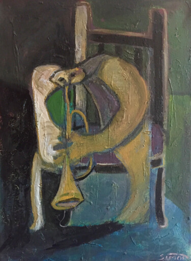 Painting titled "trumpet player seat…" by Simon Taylor, Original Artwork, Acrylic