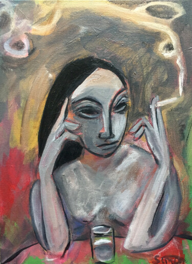 Painting titled "woman smoking (2)" by Simon Taylor, Original Artwork, Acrylic