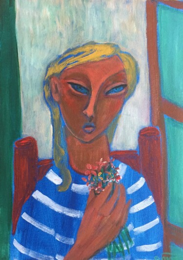 Painting titled "girl with flowers 2" by Simon Taylor, Original Artwork, Acrylic