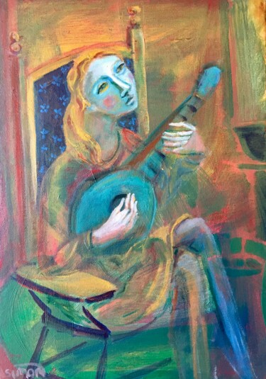 Painting titled "girl playing mandol…" by Simon Taylor, Original Artwork, Acrylic