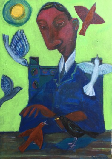 Painting titled "man & birds" by Simon Taylor, Original Artwork, Acrylic