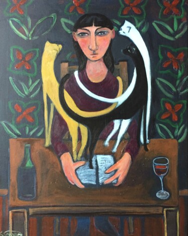 Painting titled "woman & cats" by Simon Taylor, Original Artwork, Acrylic