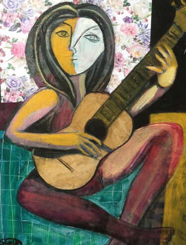 Painting titled "woman  & guitar" by Simon Taylor, Original Artwork, Acrylic