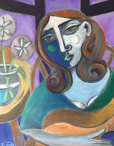 Painting titled "woman playing guitar" by Simon Taylor, Original Artwork, Acrylic