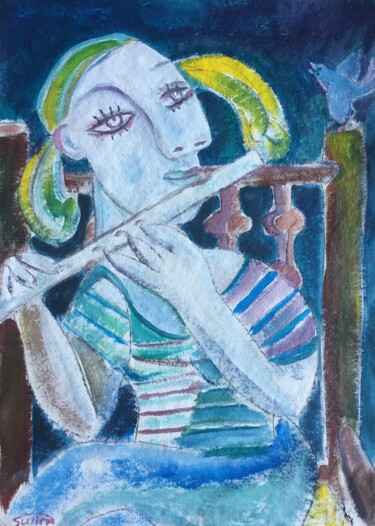 Painting titled "girl playing flute" by Simon Taylor, Original Artwork, Acrylic