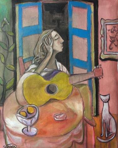 Malerei mit dem Titel "woman  & guitar wit…" von Simon Taylor, Original-Kunstwerk, Acryl