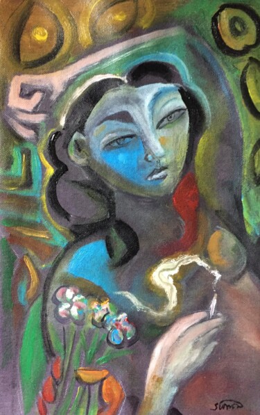 Painting titled "flowers & smoke" by Simon Taylor, Original Artwork, Acrylic