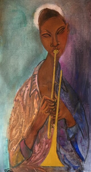 Schilderij getiteld "trumpet player (8)" door Simon Taylor, Origineel Kunstwerk, Acryl