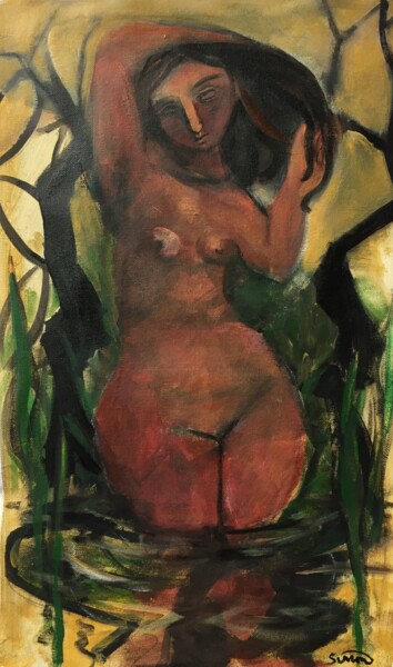 Painting titled "woman at river" by Simon Taylor, Original Artwork, Acrylic