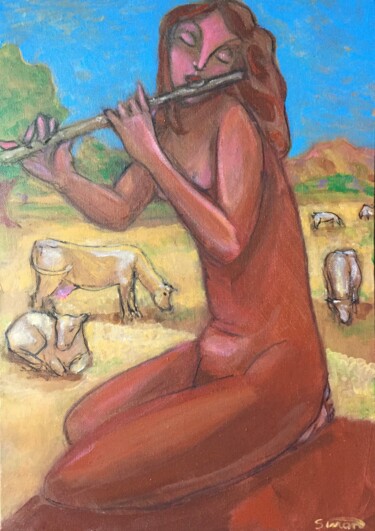 Painting titled "flute & cows" by Simon Taylor, Original Artwork, Acrylic