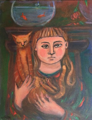 Painting titled "girl with cat 3" by Simon Taylor, Original Artwork, Acrylic