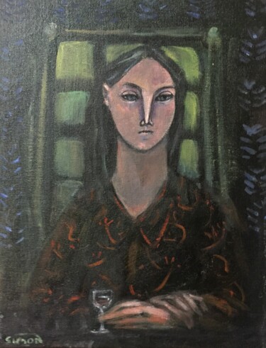 Painting titled "woman indoors" by Simon Taylor, Original Artwork, Acrylic