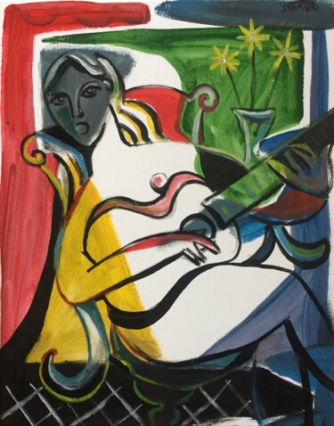 Painting titled "woman  & guitar 5" by Simon Taylor, Original Artwork, Acrylic