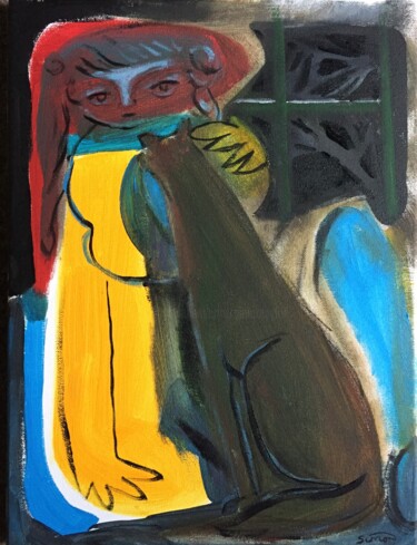 Painting titled "girl and cat 3" by Simon Taylor, Original Artwork, Acrylic