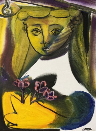 Painting titled "girl with flowers 3" by Simon Taylor, Original Artwork, Acrylic