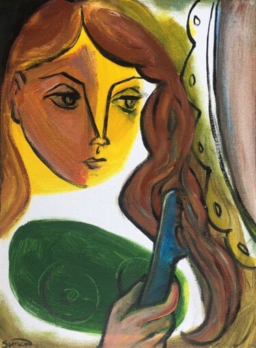 Painting titled "woman combing hair" by Simon Taylor, Original Artwork, Acrylic