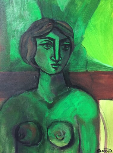 Painting titled "young woman in green" by Simon Taylor, Original Artwork, Acrylic
