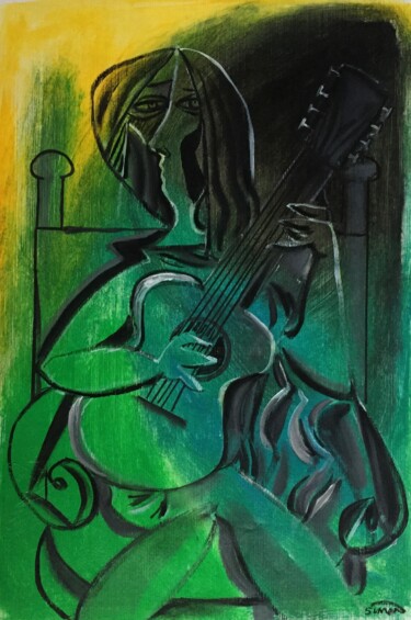 Painting titled "woman  & guitar 6" by Simon Taylor, Original Artwork, Acrylic