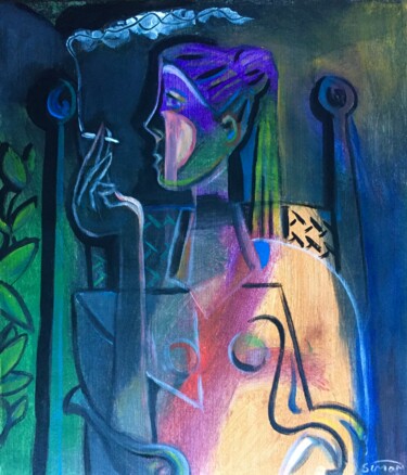 Painting titled "woman smoking (4)" by Simon Taylor, Original Artwork, Acrylic