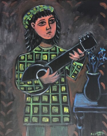 Painting titled "girl and mandolin" by Simon Taylor, Original Artwork, Acrylic