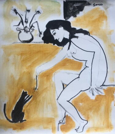 Pintura intitulada "woman and cat sketch" por Simon Taylor, Obras de arte originais, Acrílico