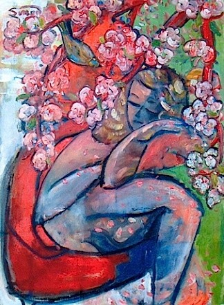 Painting titled "Girl under Cherry t…" by Simon Taylor, Original Artwork