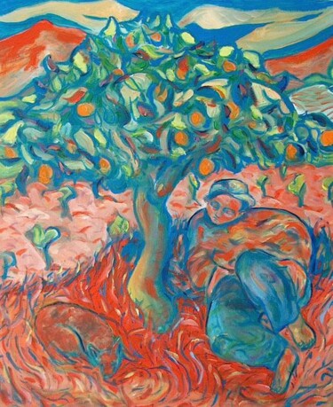 Painting titled "boy under orange tr…" by Simon Taylor, Original Artwork