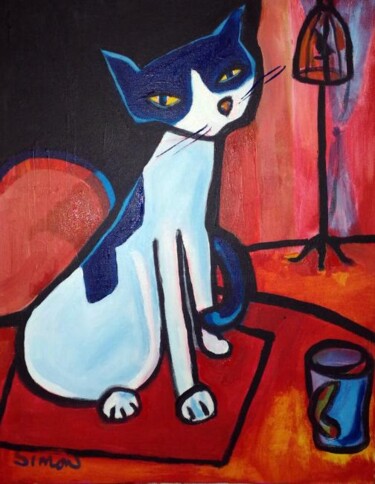Painting titled "Cat on table" by Simon Taylor, Original Artwork