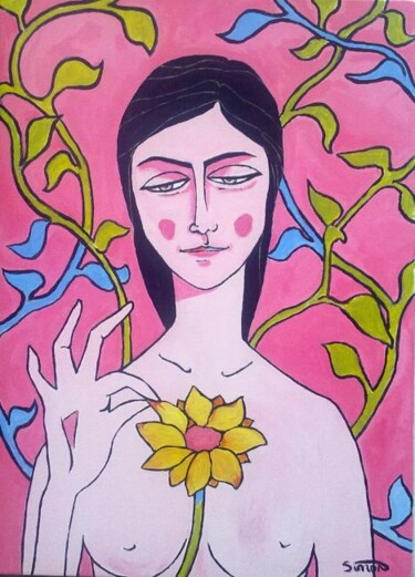 Картина под названием "girl with flower" - Simon Taylor, Подлинное произведение искусства