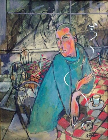 Pintura intitulada "man at cafe" por Simon Taylor, Obras de arte originais