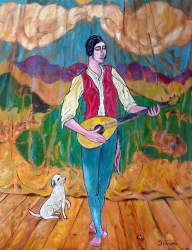 Painting titled "minstrel and dog" by Simon Taylor, Original Artwork