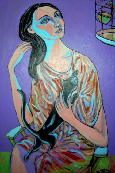 Painting titled "girl , cat & bird" by Simon Taylor, Original Artwork, Oil