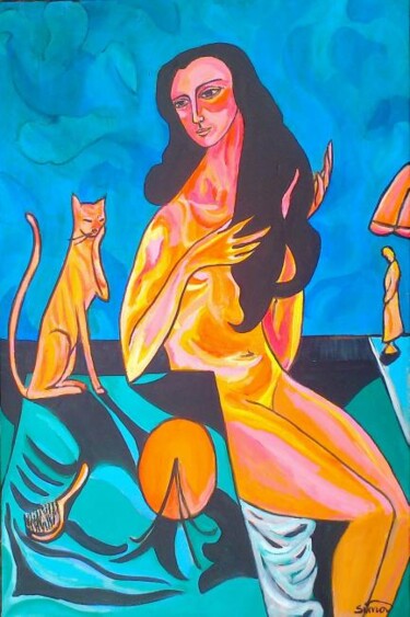 Malerei mit dem Titel "woman & cat -5-" von Simon Taylor, Original-Kunstwerk, Acryl