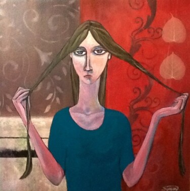 Malerei mit dem Titel "Girl with long hair" von Simon Taylor, Original-Kunstwerk, Öl