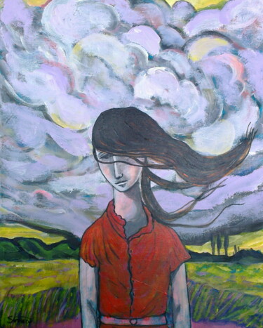 Painting titled "Girl & storm clouds" by Simon Taylor, Original Artwork, Other
