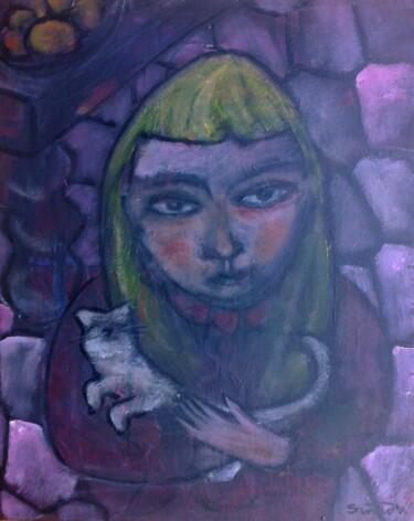 Peinture intitulée "girl with kitten (3)" par Simon Taylor, Œuvre d'art originale