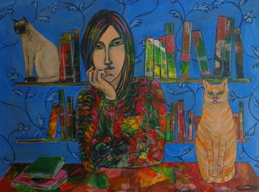 Ζωγραφική με τίτλο "woman ,cats & books" από Simon Taylor, Αυθεντικά έργα τέχνης