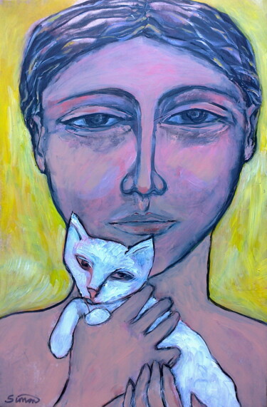 Картина под названием "woman with white cat" - Simon Taylor, Подлинное произведение искусства