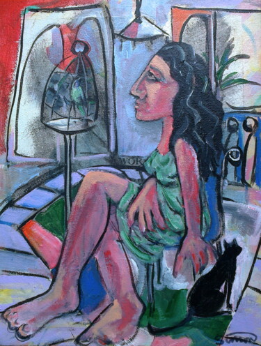 Painting titled "woman seated with c…" by Simon Taylor, Original Artwork