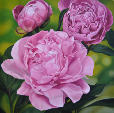 Painting titled "Peonies" by Simona Tsvetkova, Original Artwork, Oil Mounted on Wood Stretcher frame